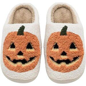 Unisex Halloween Pumpkin Slippers Plush Warm Spooky Lantern for Men and Women
